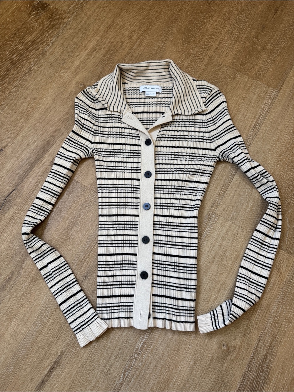 Urban Outfitters Cream & Black Striped Ribbed Button-Up Sweater